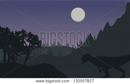 Silhouette of one Allosaurus in fields at the night