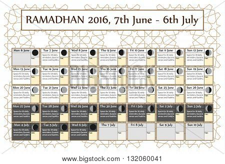 Ramadan calendar 2016 7th June. Choice: 3rd of 3. Includes: fasting tick calendar moon cycle-phases- Ramadan quotes. 30 days of Ramadan on white background with Islamic pattern. Vector illustration