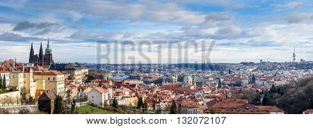 Panorama of Prague, view from a hill of cloud by day.