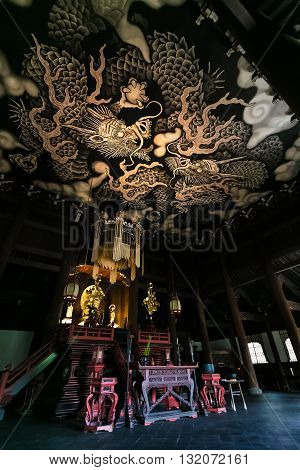 KYOTO JAPAN - NOVEMBER 22 2015: Twin Dragons painting on the ceiling of the main hall commemorates the 800-year founding anniversary of Kennin-ji temple