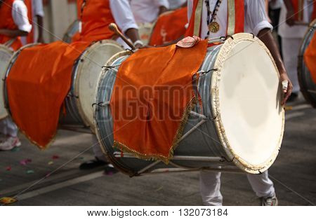 Traditional percussion instruments called drums used in a Ganesh festival procession like it has been for many years.