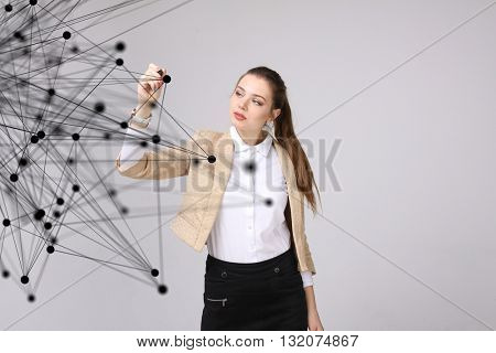 Worldwide network or wireless internet connection futuristic concept. Woman working with linked dots.