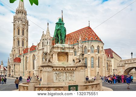 Budapest, Hangary-may 03, 2016: View On The Old Fisherman Bastion In Budapest. Statue Saint Istvan A