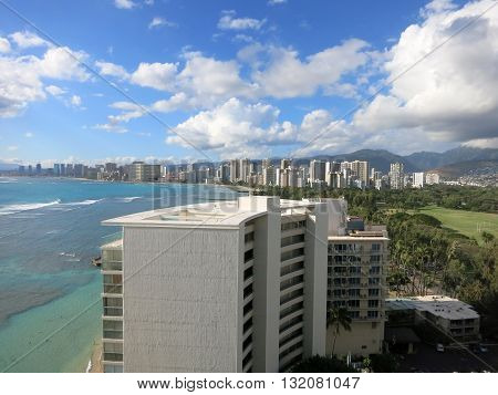 Aerial view of Kapiolani Park Waikiki Honolulu town area and Pacific ocean on Oahu Hawaii. March 2016.