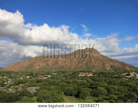 Aerial view of Diamondhead crater Kapiolani Park the gold coast and surrounding neighborhood on Oahu Hawaii. March 2016.