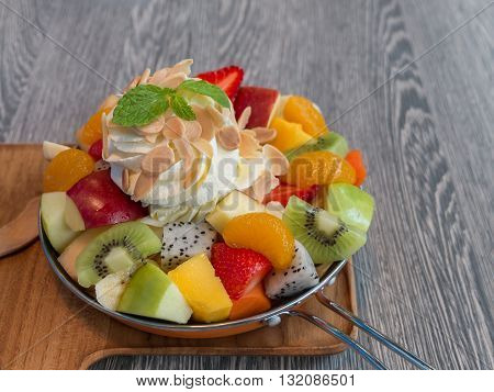 Tropical Fruit Pancake (strawberry kiwi mango apple Dragon Fruit orange banana papaya) in pan
