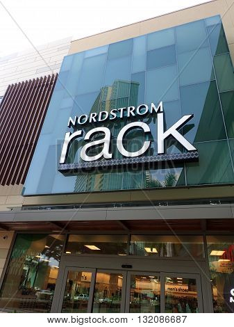 HONOLULU - JANUARY 28: Nordstrom Rack sign and entance way in Ward Village on Oahu Hawaii on January 28 2016. Nordstrom Rack is the off-price retail division of Nordstrom Inc.