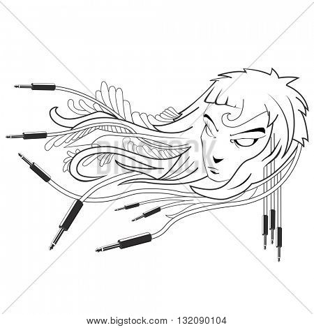 black and white girl with cables emerging from hair cartoon