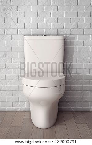 White Ceramic Toilet Bowl in front of Brick Wall. 3d Rendering
