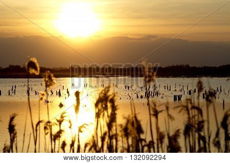 beautiful sunset over the lake with the sky yellow