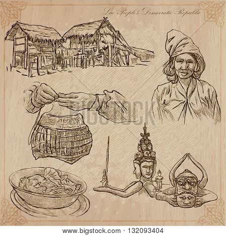 Travel collection. LAOS traveling set. Pictures of Life Lao People's Democratic Republic.Hand drawn vector pack freehand sketching. Illustrations are editable.All things are named inside the vector.