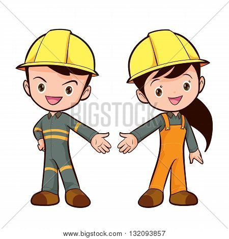 Couple of construction workers vector characters Young man and woman friendly smiling workers in work wear overalls standing isolated.Building male and female specialists ready for worksafety work wear cute boy and girl.