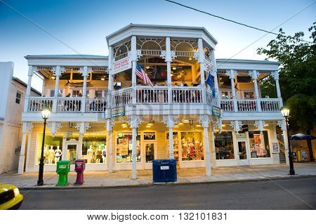KEY WEST FLORIDA USA - MAY 01 2016: Shops in the twilight in Duval street in the center of Key West