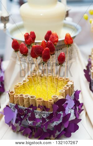 strawberries on skewers for chocolate fountains for wedding dessert.