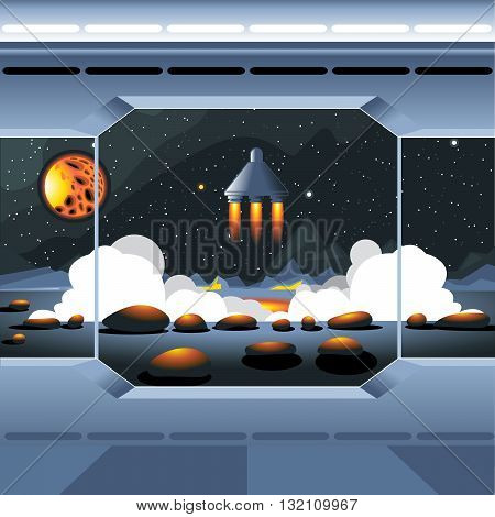 Spacecraft interior view and window to space and sun. Spaceship launch from a planet with rocks. Digital vector image.