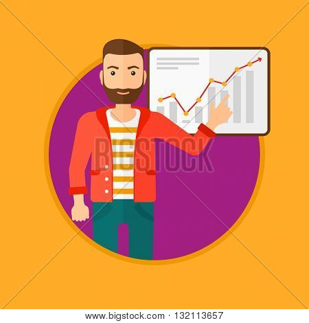 A hipster businessman pointing at charts on a board during business presentation. Man giving a business presentation. Business presentation in progress. Vector flat design illustration in the circle.