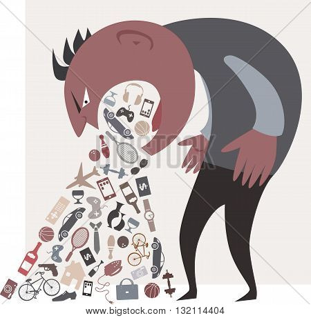 Consumerism. Person swallowing or vomiting icons of consumer goods