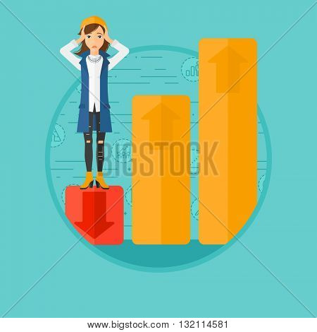 A frightened female bankrupt clutching her head. Bankrupt standing on chart going down. Concept of business bankruptcy. Vector flat design illustration in the circle isolated on background.