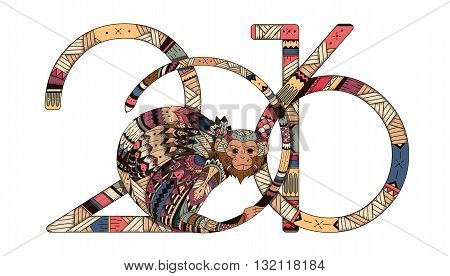 Tribal illustration of a monkey in the style zentangl for the new year 2016. illustration of Totem for the holidays. Printing Maite card poster