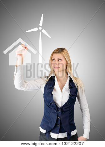 Business Woman Presents The Future Of The House With Self-contained Power Consumption