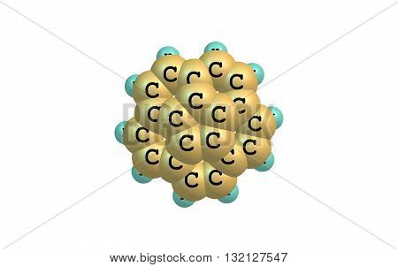Corannulene is a polycyclic aromatic hydrocarbon with chemical formula C20H10. The molecule consists of a cyclopentane ring fused with 5 benzene rings so another name for it is 5-circulene. 3d illustration