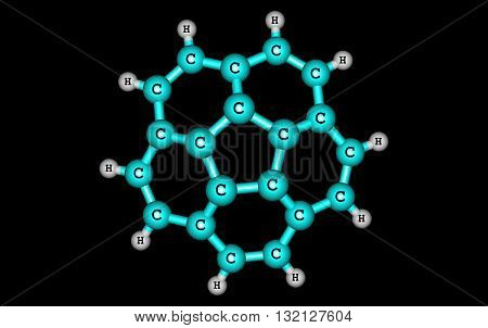 Corannulene is a polycyclic aromatic hydrocarbon with chemical formula C20H10. The molecule consists of a cyclopentane ring fused with 5 benzene rings so another name for it is 5-circulene. 3d illustration