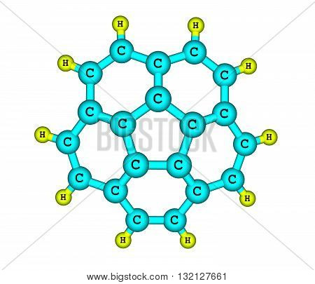 Corannulene is a polycyclic aromatic hydrocarbon with chemical formula C20H10. The molecule consists of a cyclopentane ring fused with 5 benzene rings so another name for it is 5-circulene. 3d illustration