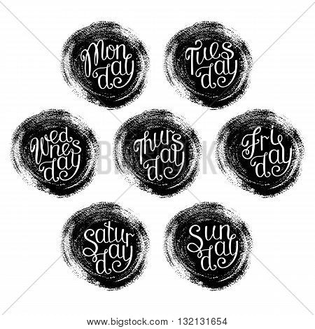 Vector handwritten days of the week in circles - round stains of paint. Lettering on grunge texture.
