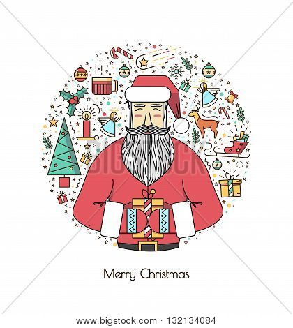 Santa Claus with presents and christmas elements in a circle a thin line. A vivid illustration of the new year 2016. A beautiful print or invitation.