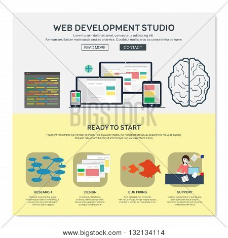 One page web design template with web development studio services like research or design. Flat design graphic website elements layout. Vector illustration.