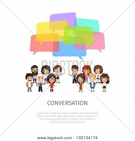 Conversation poster with group of casually dressed flat cartoon people and colorful speech bubbles. Isolated on white background. Clipping paths included.