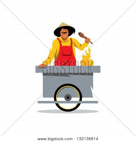 The smiling young asian cook is preparing the tasty pancake on his outdoor mobile street kitchen. Isolated on a white background