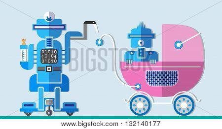 Robot with robot baby in a stroller. Flat design icon set. Vector illustration