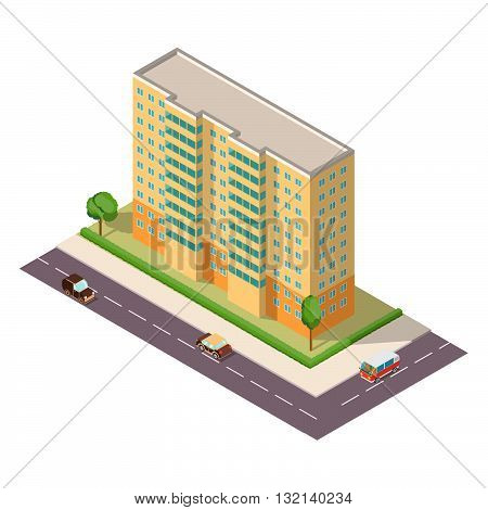 Vector isometric the building with the road with cars and trees