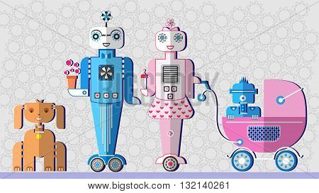 Robot family. Robot parents. Robot dog. Robot baby in a stroller. Flat design icon set. Vector illustration