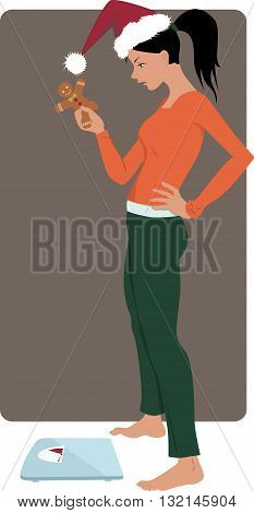 Holidays overeating. Young woman in a Santa hat holding a gingerbread cookies and looking at the scales, vector illustration, EPS 8, no transparencies