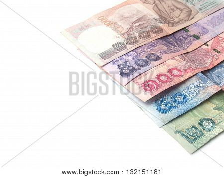 variety of thai baht on white backgroundbill 1000 500 100 50 10 and coin 10 5 2 1 thai baht