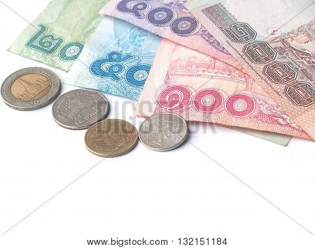 variety of thai baht on white backgroundbill 1000 500 100 50 10 and coin 10 5 2 1 thai baht