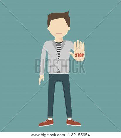 The man gestures a stop sign. Vector illustration flat design