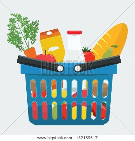 Supermarket basket full of fresh products bread vegetables. Food shopping basket with natural and organic food with flat color style