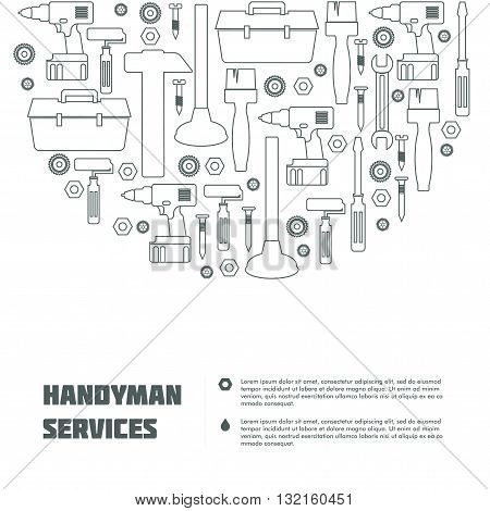 Handyman Tools banner. Amenities repair house hold equipment fixing symbols. Vector graphics for working tools, plumbing, renovation, best quality service concept. Sample text. May use as a web site element. Editable