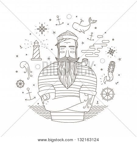 Black and white illustration of a sailor in the style of an old tattoo. Print seaman with a pipe. Anchor illustrations mermaid with moyakom