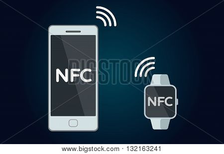Mobile payments and near field communication. Transaction and paypass and NFC. illustration. phone and smart watch