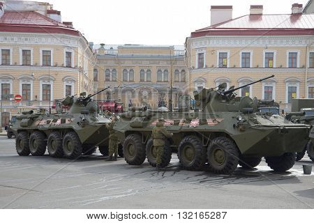 SAINT-PETERSBURG, RUSSIA - MAY 05, 2015: Preparation of the BTR-82a on the bridge to the beginning of the parade rehearsal Victory Day