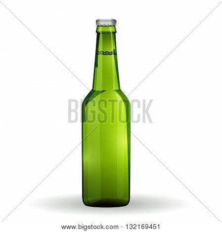 Glass Beer Green Bottle On White Background Isolated. Vector Illustration.