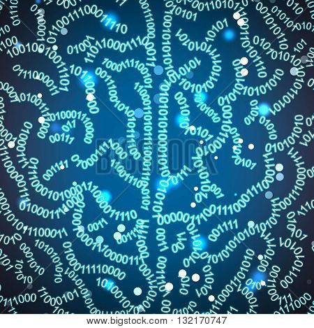 Concept background illustration of a close up human brain formed out of binary code digits. Shiny space hi-tech background with sparkles and numbers.