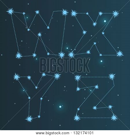 Vector illustration of the alphabet WXYZ . Set of letters . Font of the constellations . Abstract background. The night sky.