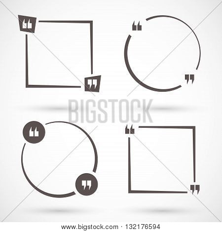 Empty quote square set. Quotation mark speech bubble. Quote box, form, information, text. Vector illustration