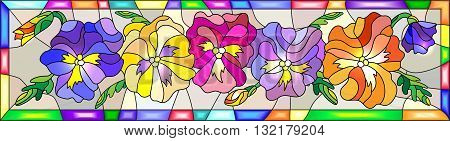 Illustration in stained glass style with flowers buds and leaves of pansy