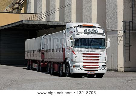 SALO, FINLAND - MAY 27, 2016: Scania R560 truck for grain transport outside of granary in South of Finland.
